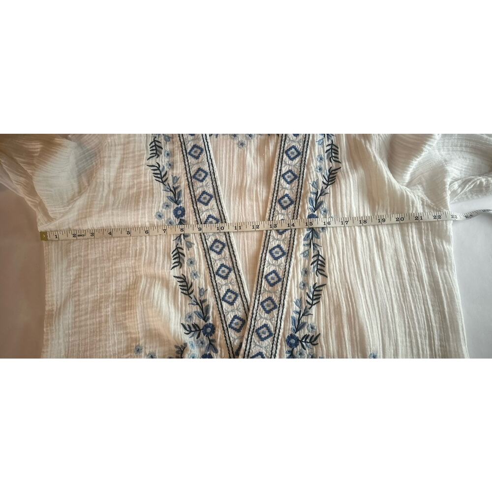 J JILL Gauzy White Open Front Cardigan Blue Embroidery S Floral  Boho Beachy - Picture 11 of 16